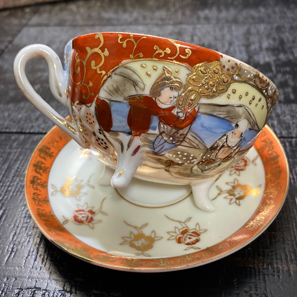 Vintage Asian Footed Moriage Character Cup & Saucer!